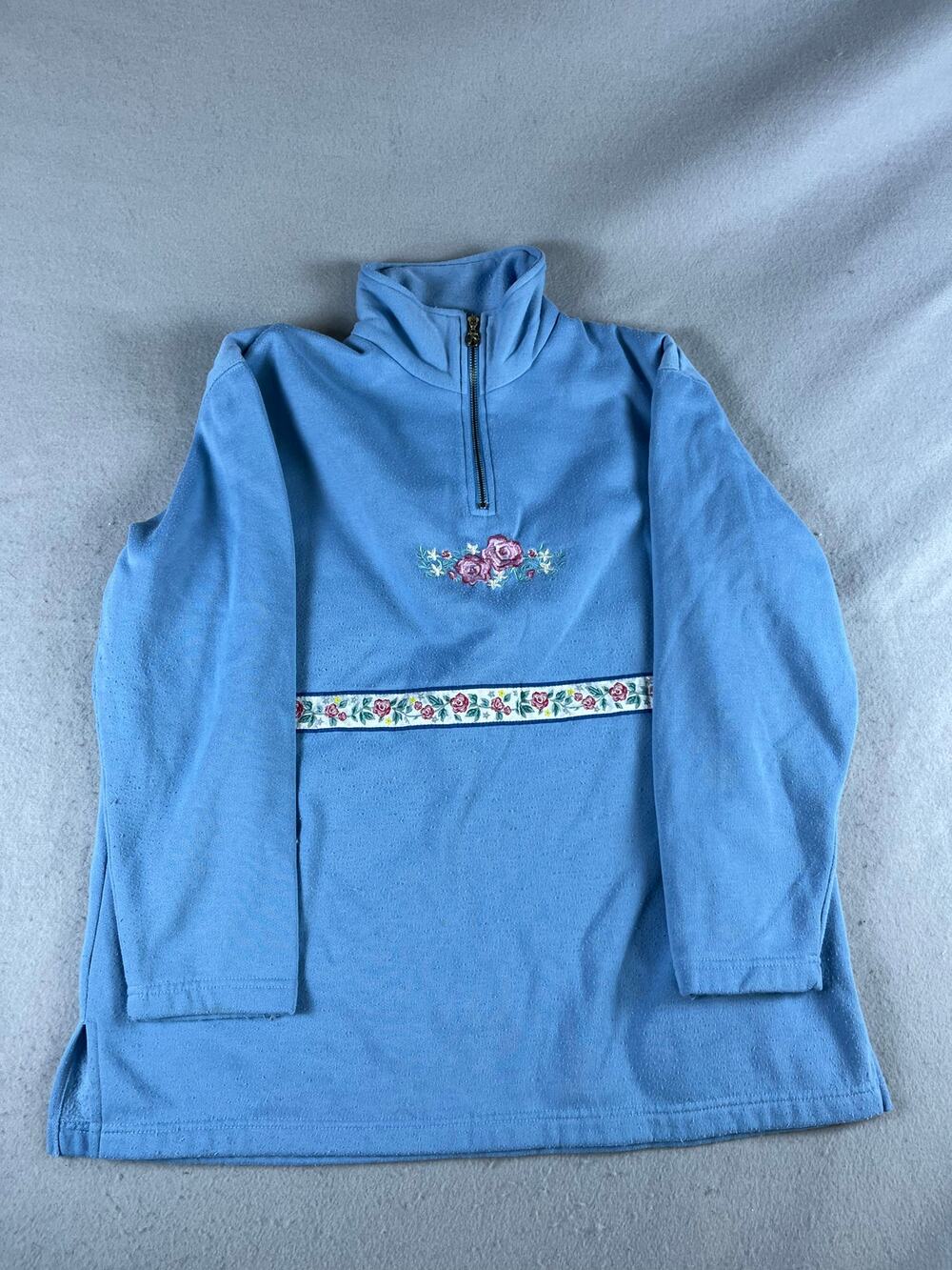 Floral Embroidered Sweatshirt Womens XL Blue 1/4 Zip Mock Neck Fleece Pullover